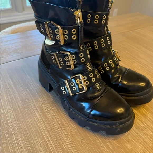 Alice + Olivia Black Moto Boots with Gold Buckles - Picture 2 of 7